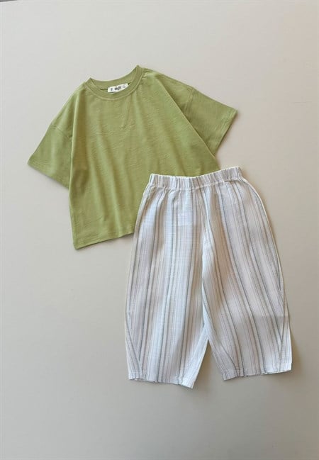 Oversize T-Shirt Takım 2-10 Yaş Lime Yeşil Çizgili