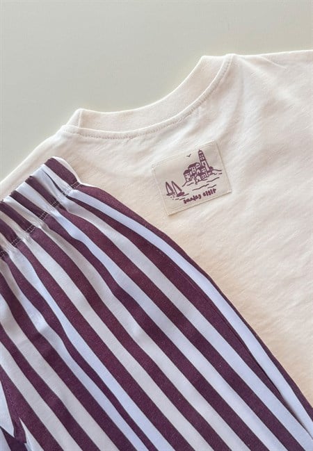 Oversize T-Shirt Takım 2-10 Yaş Ekru Bordo Çizgili