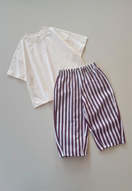 Oversize T-Shirt Takım 2-10 Yaş Ekru Bordo Çizgili