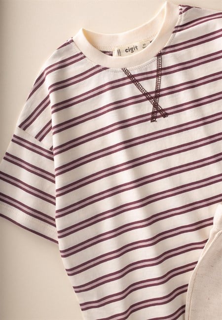 Oversize T-Shirt  Geniş Kesim Pantolon Takım 2-10 Yaş Mürdüm Çizgili