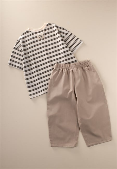 Oversize T-Shirt  Geniş Kesim Pantolon Takım 2-10 Yaş ANTRASİT VİZON ÇİZGİLİ