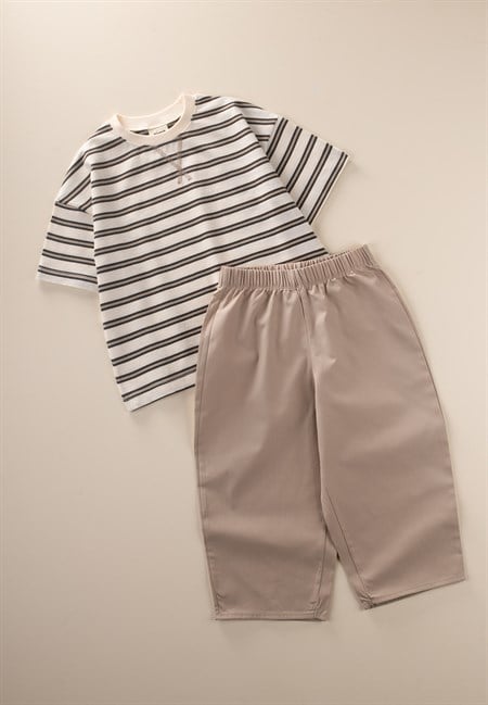 Oversize T-Shirt  Geniş Kesim Pantolon Takım 2-10 Yaş ANTRASİT VİZON ÇİZGİLİ
