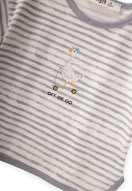 Baskılı Çizgili T-Shirt Takım 0-2 Yaş Gri