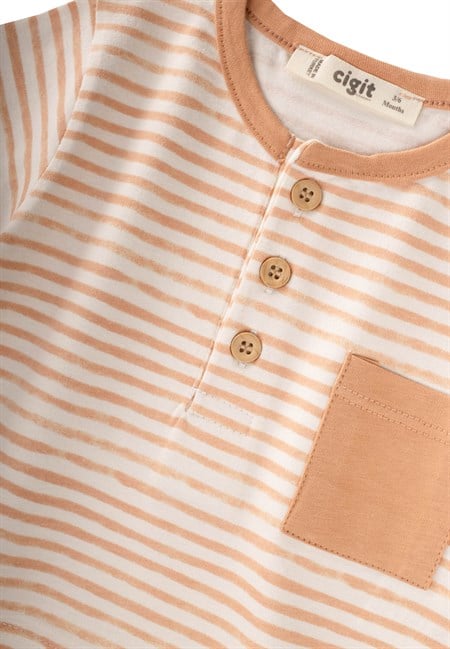Cepli Çizgili T-Shirt Takım 0-2 Yaş Oranj