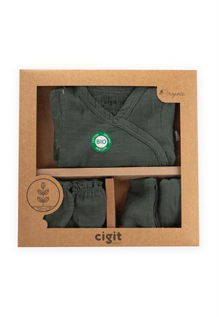 Organik Hastane Çıkışı Bebek Takımı 0-3 Ay Haki Yeşil