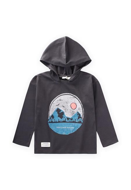 Baskılı Kapşonlu Mevsimlik T-Shırt 2-10 Yaş Füme