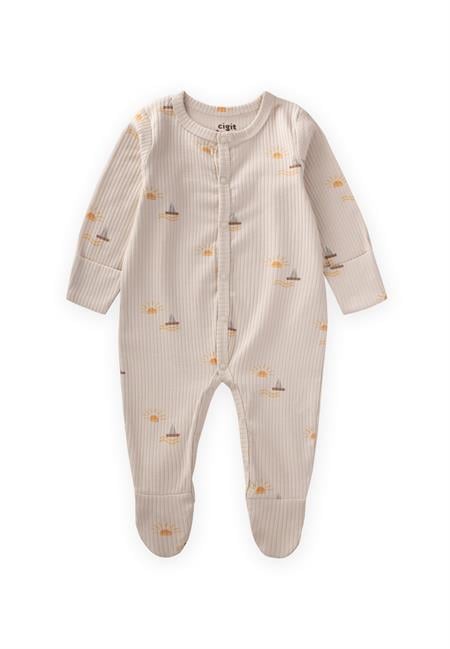 Ayaklı Kendinden Eldivenli Desenli Tulum 0-9 Ay Güneş Desen