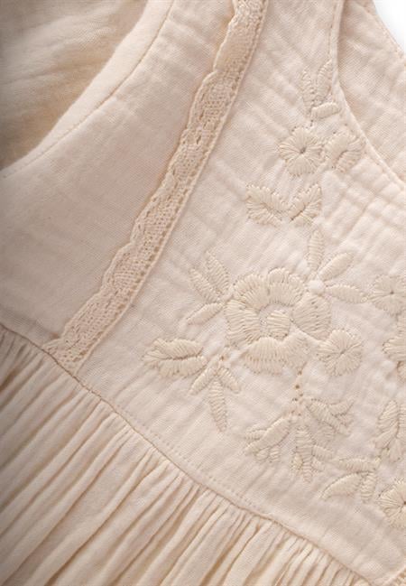 Organik Nakışlı Dantel Detaylı Müslin Elbise 1-10 Yaş Naturel