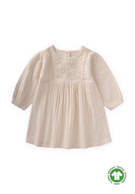 Organik Nakışlı Dantel Detaylı Müslin Elbise 1-10 Yaş Naturel
