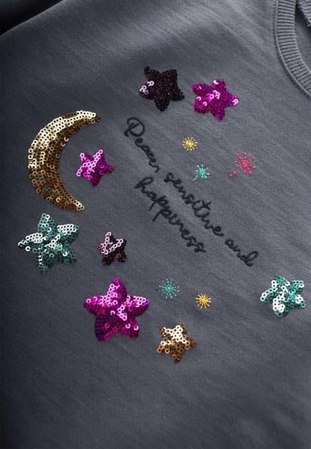 Pullu Ay Yıldız Nakışlı Sweatshırt 2-8 Yaş GRİ