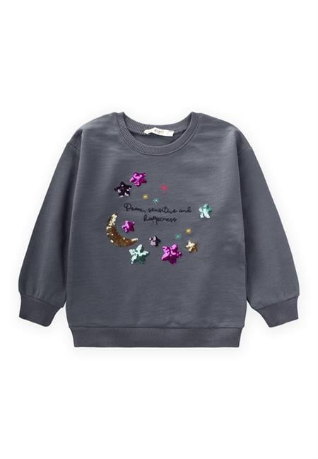 Pullu Ay Yıldız Nakışlı Sweatshırt 2-8 Yaş GRİ