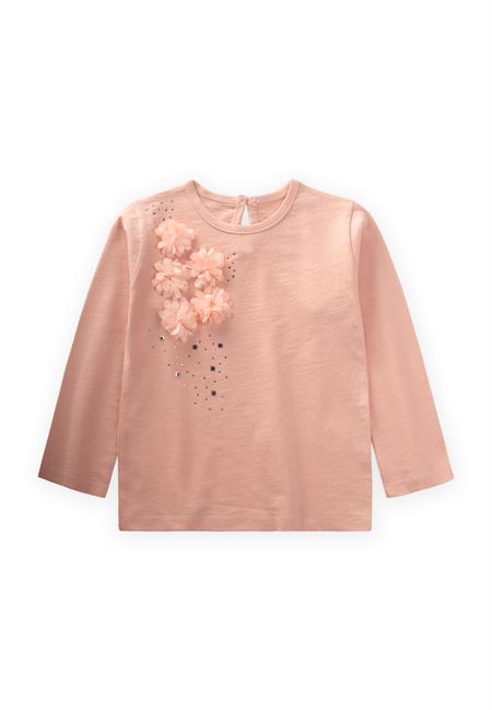 Taşlı Tül Çiçek Detaylı Mevsimlik T-Shırt 3-8 Yaş Yavruağzı