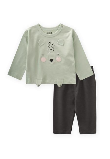 Animal Aplikeli Uzun Kollu T-Shırt Takım 0-4 Yaş SU YEŞİLİ