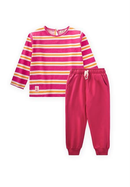 Çizgili Uzun Kollu T-Shırt Takım 2-12 Yaş Fuşya Turuncu Çizgili