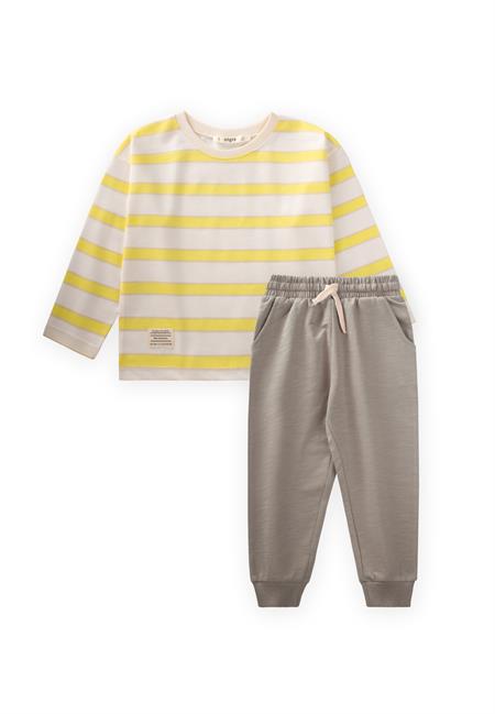Çizgili Uzun Kollu T-Shırt Takım 2-12 Yaş Bej Sarı Çizgili