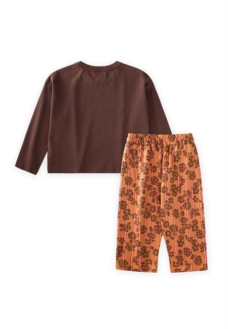 Uzun Kollu Desenli Yüksek Bel Pantolonlu Takım 2-8 Yaş Kahverengi