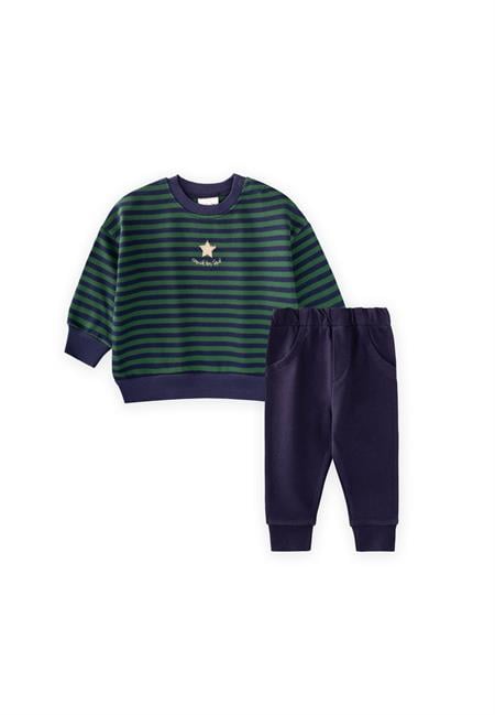 Çizgili Triko Erkek Bebek Takım 0-3 Yaş Haki Lacivert Çizgili