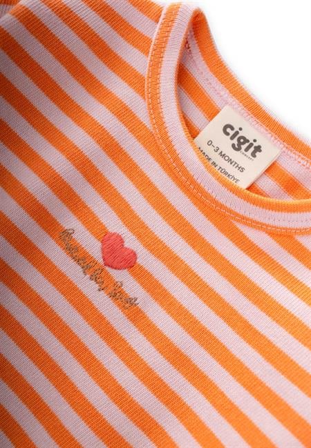 Çizgili Triko Kız Bebek Takım 0-3 Yaş Pudra Şeftali Çizgili