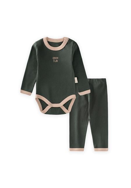 Nakışlı Uzun Kollu Zıbın Takım 0-3 Yaş Haki Yeşil
