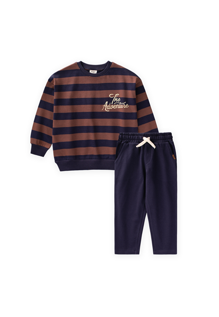 Triko Çizgili Baskılı Takım 2-10 Yaş Kahve Lacivert Çizgili