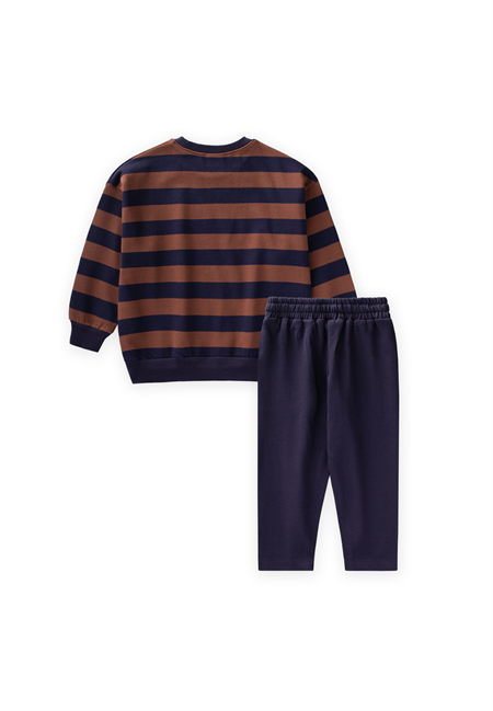 Triko Çizgili Baskılı Takım 2-10 Yaş Kahve Lacivert Çizgili