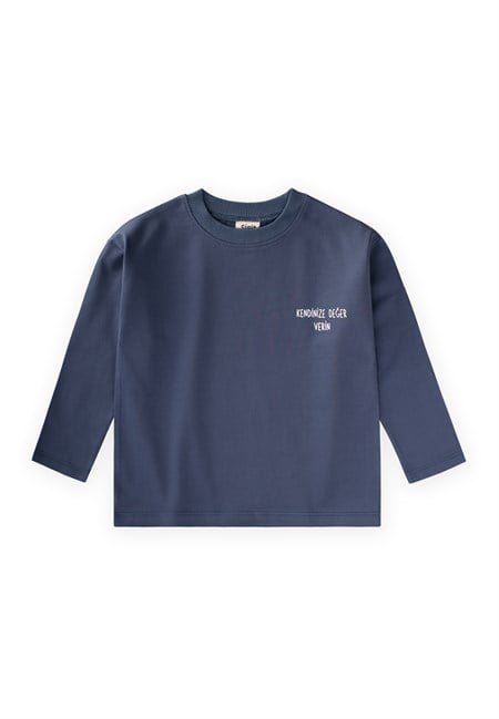 Sloganlı Uzun Kollu T-Shirt 2-10 Yaş İndigo Mavi