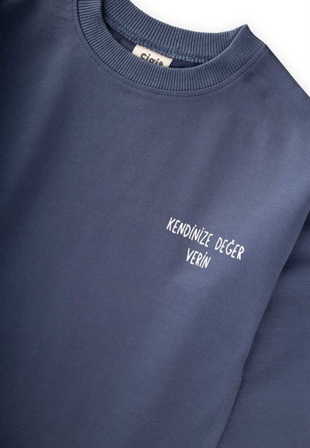 Sloganlı Uzun Kollu T-Shirt 2-10 Yaş İndigo Mavi