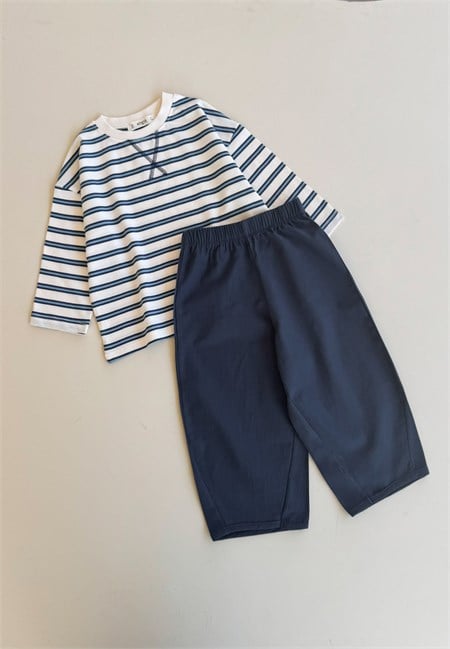 Oversize Mevsimlik Geniş Kesim Pantolon Takım 2-10 Lacivert Çizgili