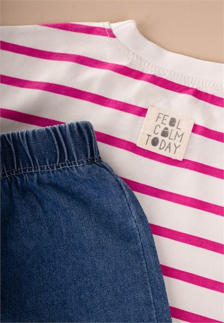 Oversize Mevsimlik Geniş Kesim Pantolon Takım 2-10 EKRU FUŞYA ÇİZGİLİ
