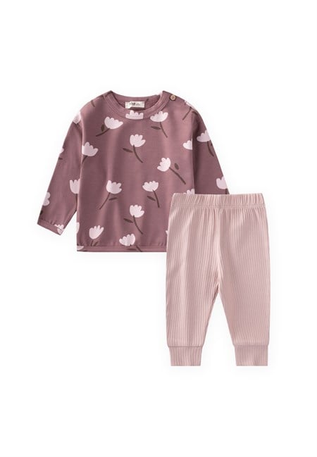 Desenli Uzun Kollu Bebek Takım 0-3 Yaş Bakır-Pudra