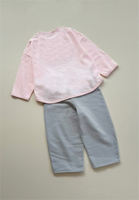 Oversize Uzun Kollu T-Shirt Takım 2-8 Yaş Pudra Pembe