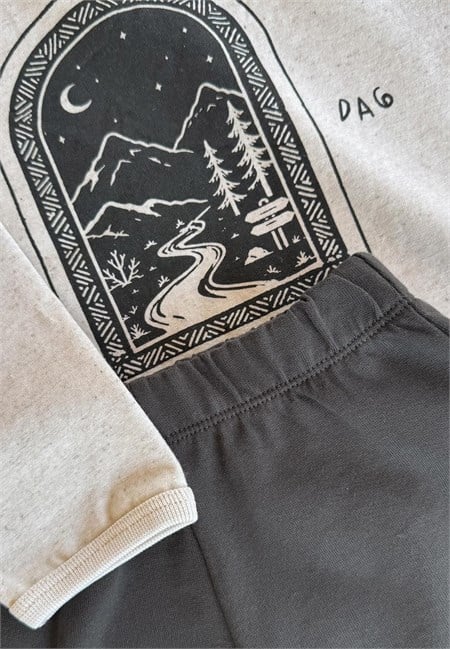 Oversize Uzun Kollu T-Shirt Takım 2-8 Yaş Bej Melanj