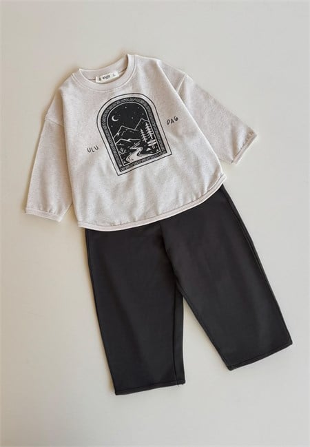Oversize Uzun Kollu T-Shirt Takım 2-8 Yaş Bej Melanj