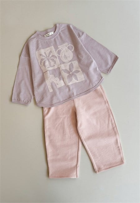 Oversize Uzun Kollu T-Shirt Takım 2-8 Yaş Leylak