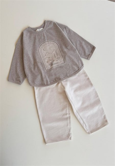 Oversize Uzun Kollu T-Shirt Takım 2-8 Yaş Kahve Melanj