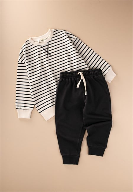 Çizgili Sweatshirt Takım 2-8 Yaş Siyah Çizgili