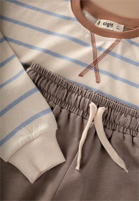 Çizgili Sweatshirt Takım 2-8 Yaş Mavi Çizgili