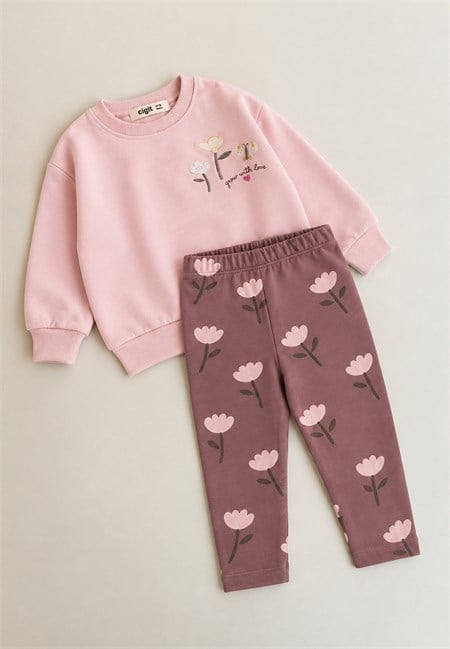 Taytlı Mevsimlik T-Shirt Takım 1-7 Yaş Pudra Pembe
