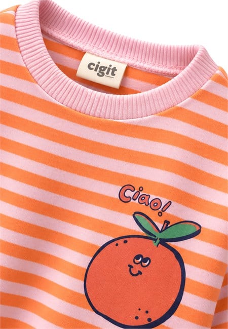 Kadife Taytlı Triko Sweatshirt Takım 1-6 Yaş TURUNCU ÇİZGİLİ