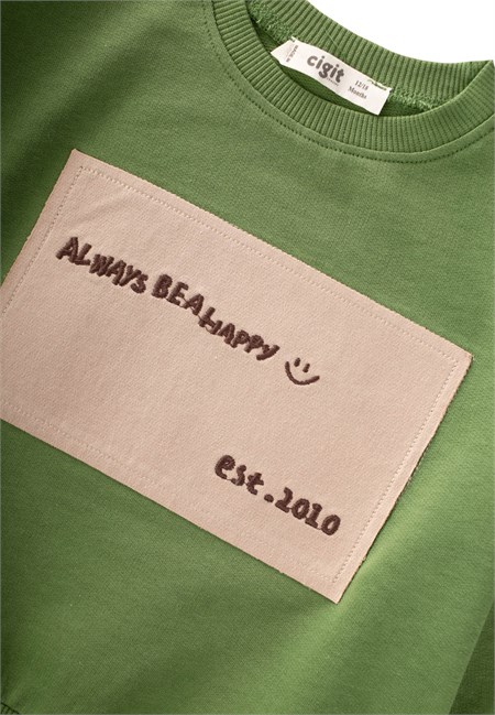 Aplikeli Mevsimlik Sweatshirt Takım 1-7 Yaş Yağ Yeşili