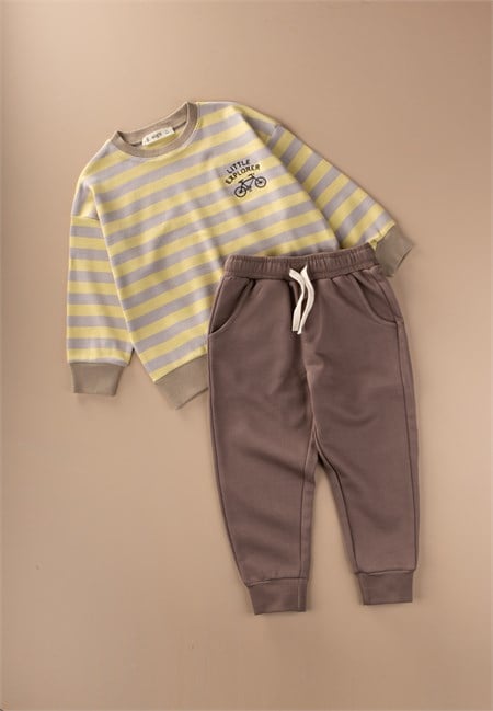 Çizgili Mevsimlik Sweatshirt Takım 2-8 Yaş Sarı Gri Çizgili