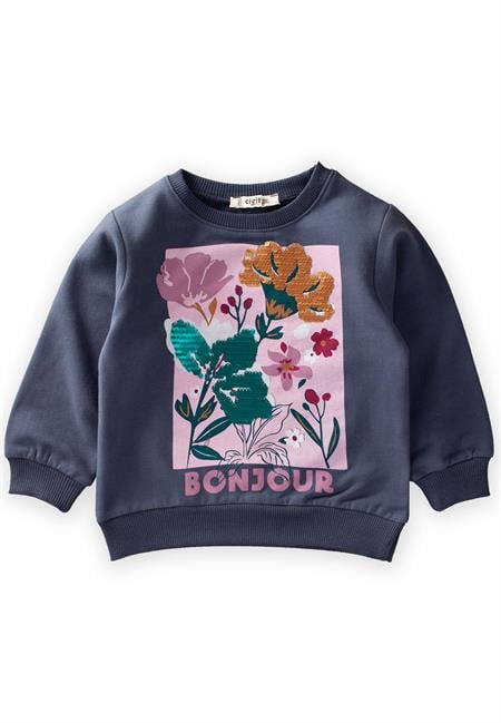 Çiçek Basdkılı Pullu Sweatshirt 1-10 Yaş Lacivert