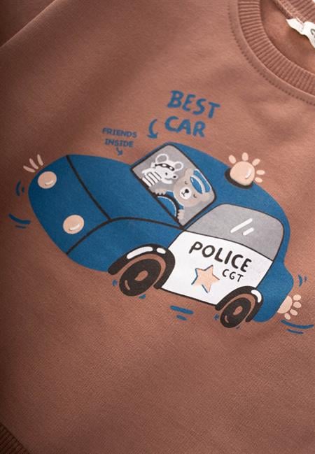 Police Baskılı Sweatshirt 1-7 Yaş Açık Kahve