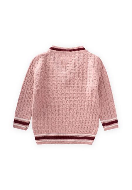 Saç Örgü V Yaka Kazak 2-9 Yaş Pudra Pembe