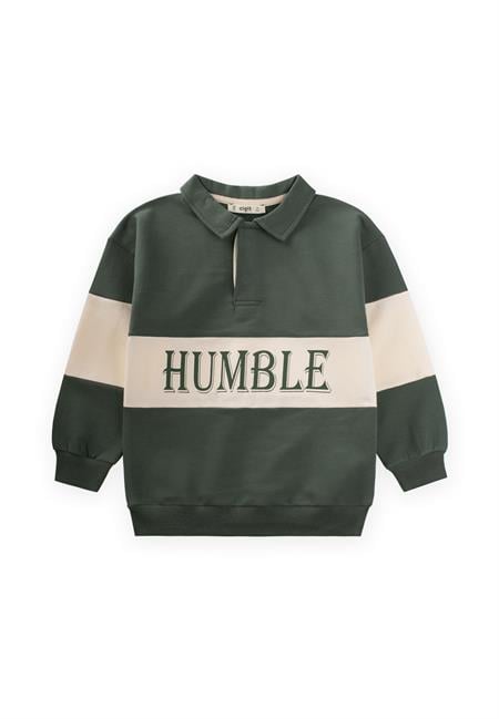 Polo Yaka Baskılı Sweatshirt 4-12 Yaş Haki Yeşil