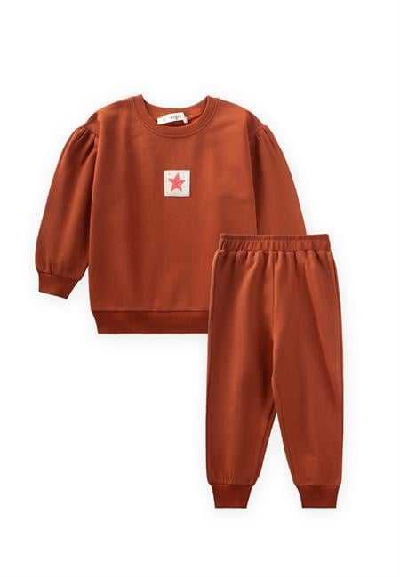 Etiket Detaylı Sweatshirt Takım 1-7 Yaş Kiremit