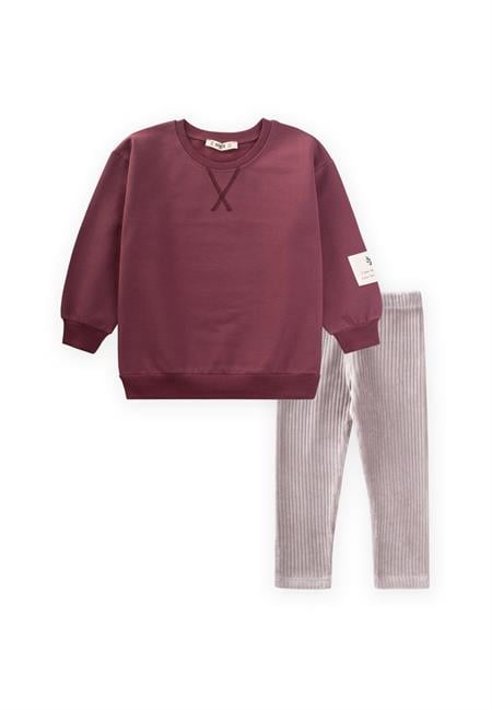 Kadife Taytlı Sweatshirt Takım 2-10 Yaş Mürdüm