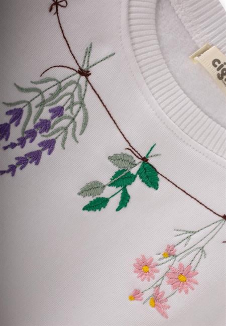 Çiçek Nakışlı Sweatshirt Takım 1-10 Yaş Beyaz
