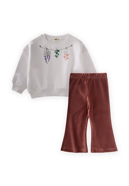 Çiçek Nakışlı Sweatshirt Takım 1-10 Yaş Beyaz