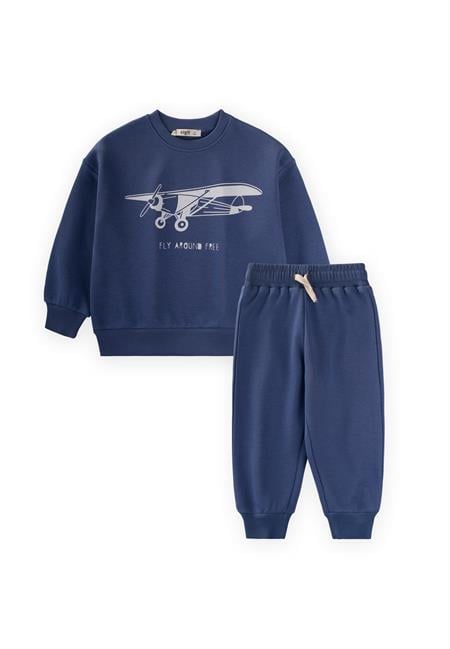 Planör Baskılı Sweatshırt Takım 2-10 Yaş İNDİGO MAVİ
